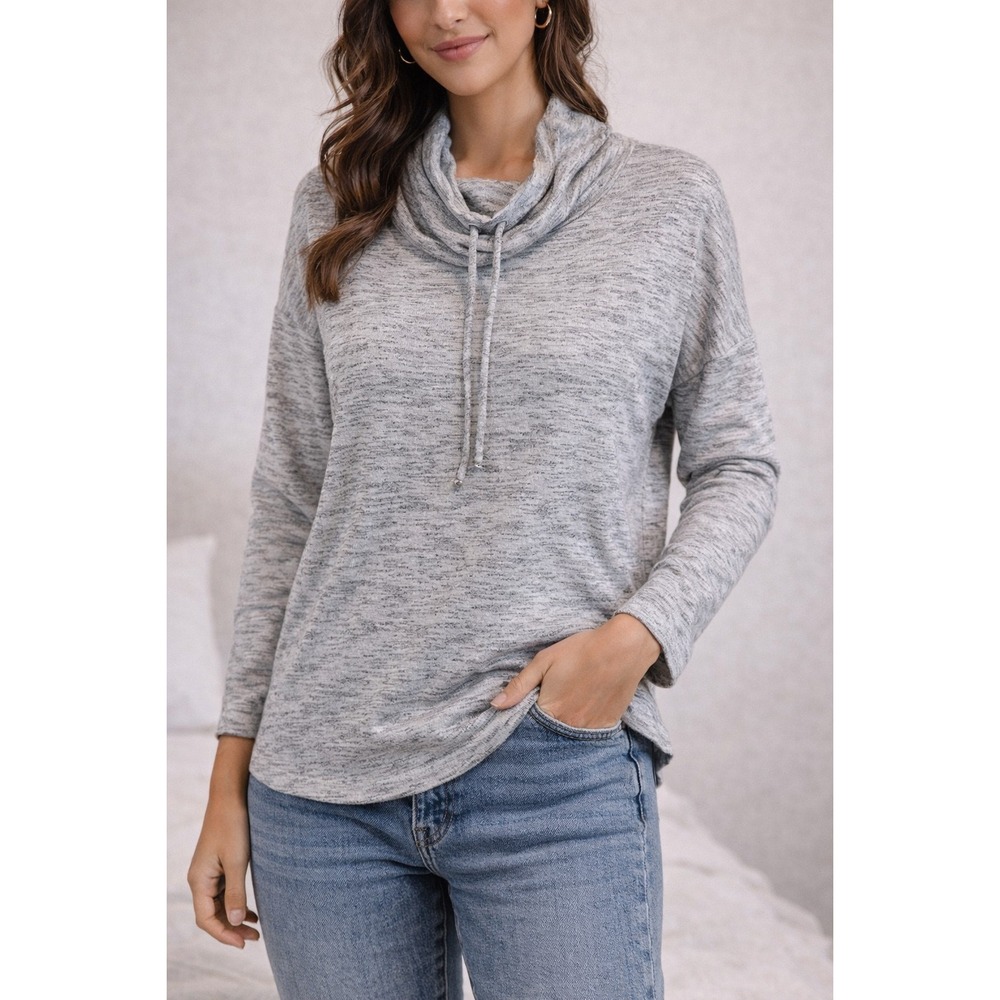 Talbots Petites Grey Marled Cowl Neck Drawstring Pullover Sweater Size LP